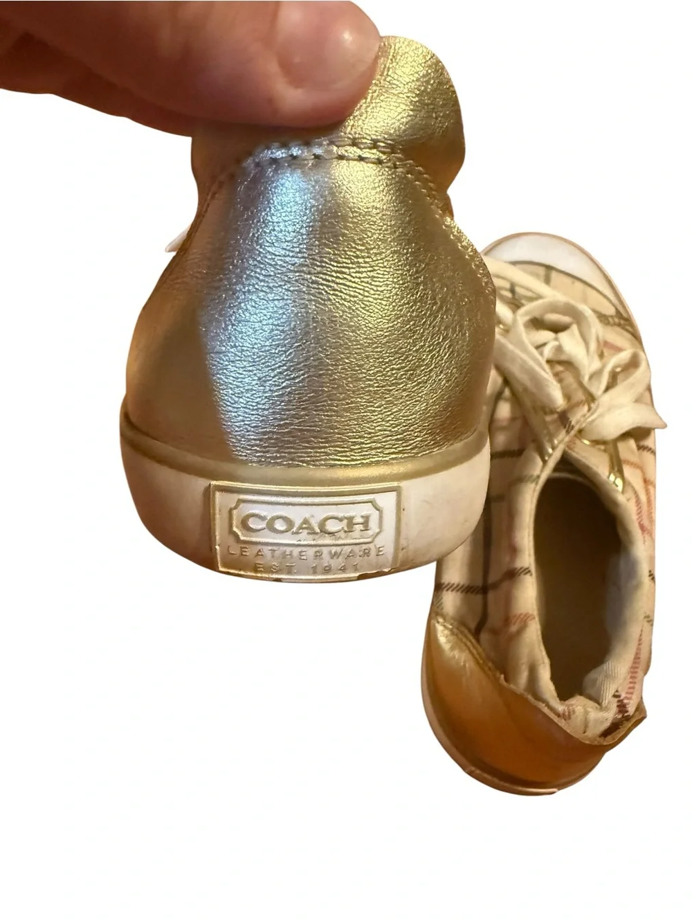 Coach Barrett Plaid Sneakers in Beige and Gold